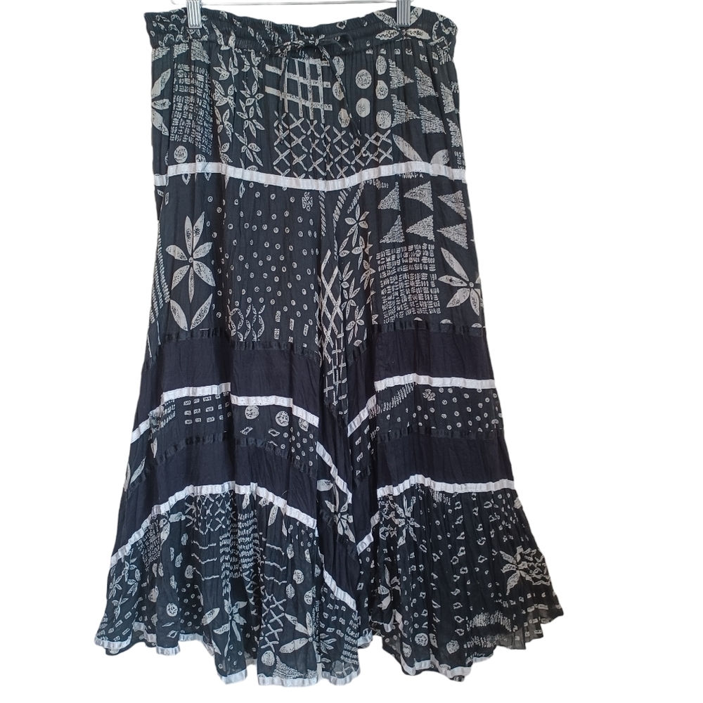 Silverstream Womens Black White Batik Cotton‎ Tiered Maxi Skirt One Size India